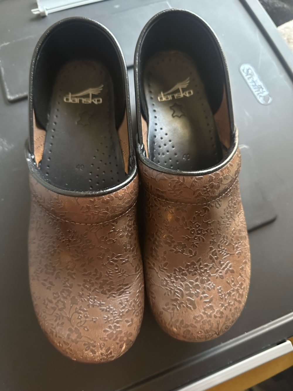 Dansko Brown Floral Embossed Clogs